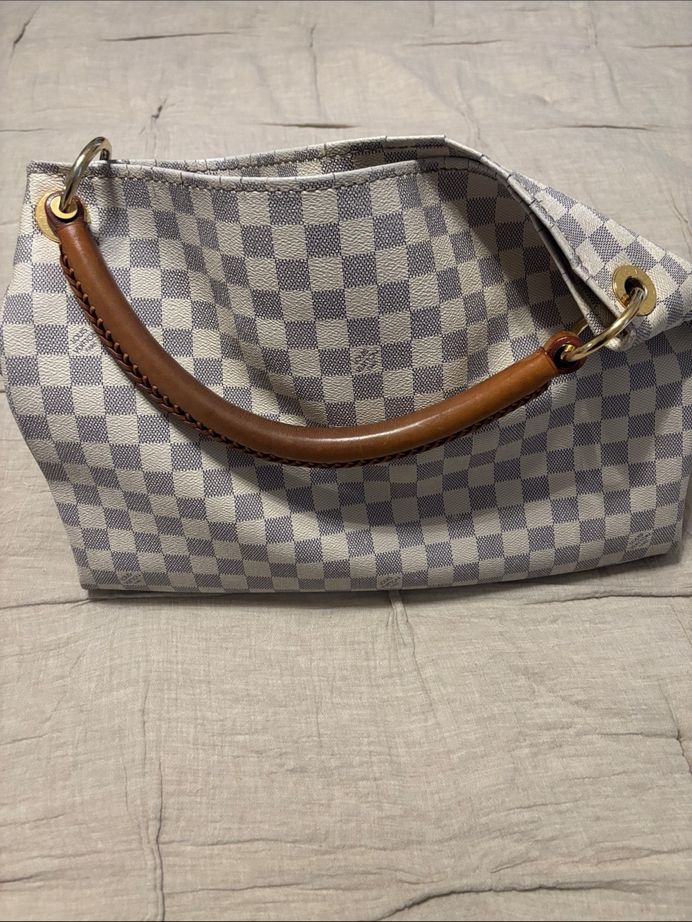 Canvas Check Pattern Shoulder Bag with Tan Leather Handle